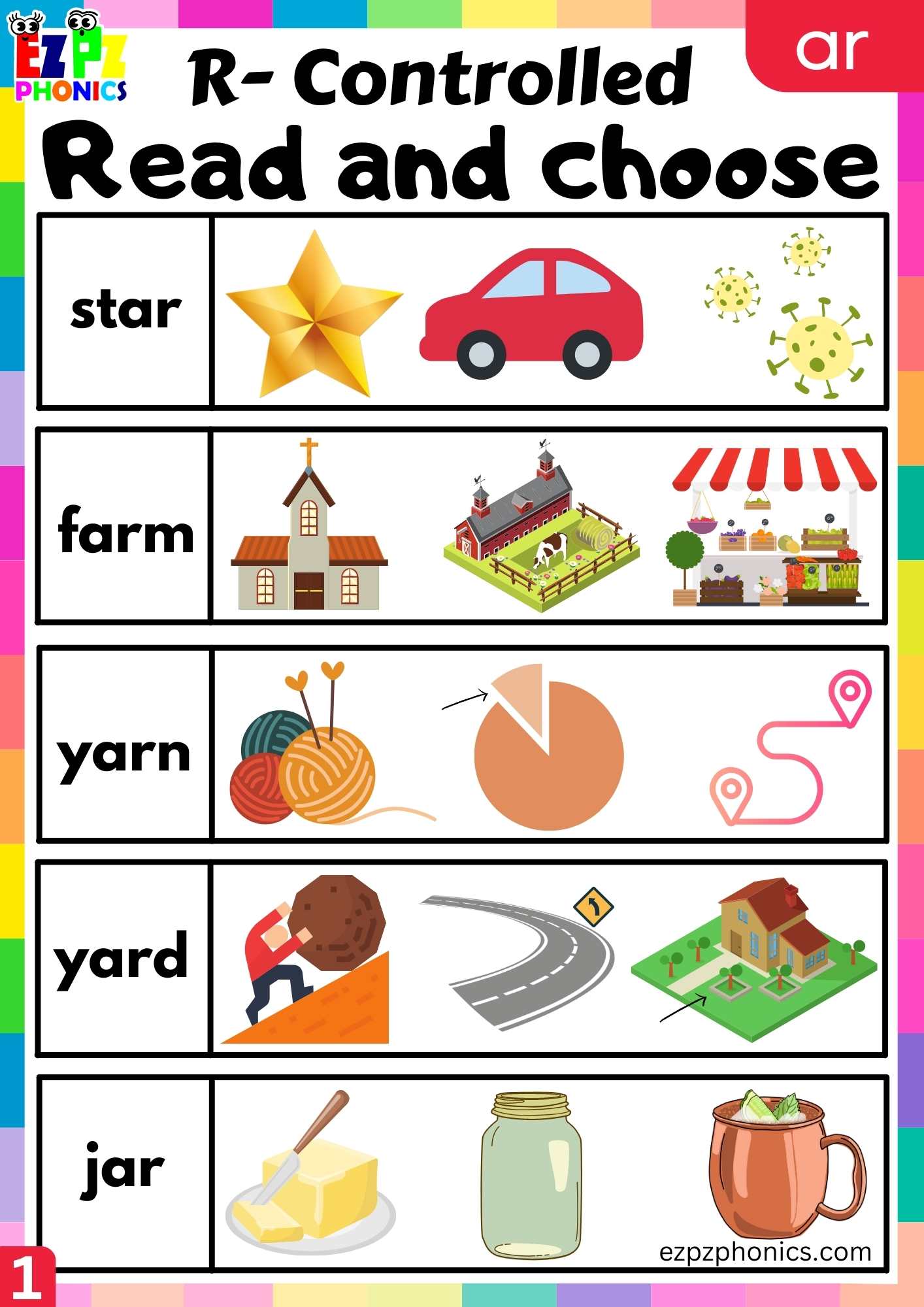 Read and choose the image Worksheet for ar words R controlled vowels phonics group 1